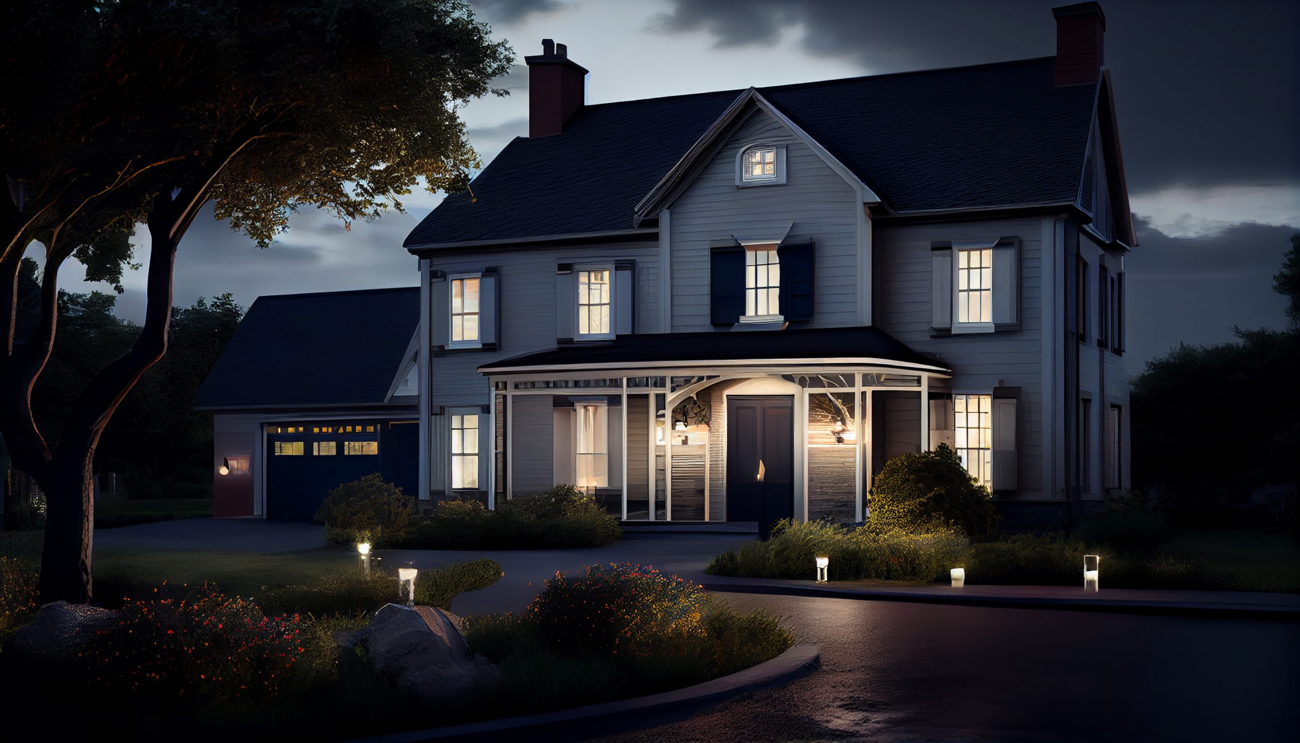 Night architecture outdoors dusk building exterior tree grass illuminated ,generative artificial intelligence